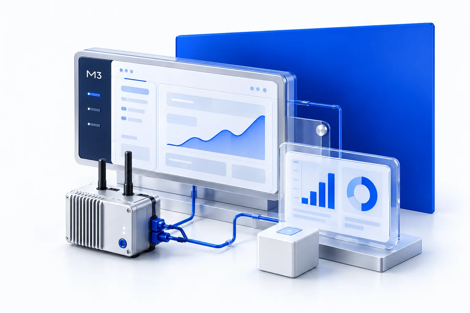 Application and reporting interfaces connected to industrial equipment through a shared system.