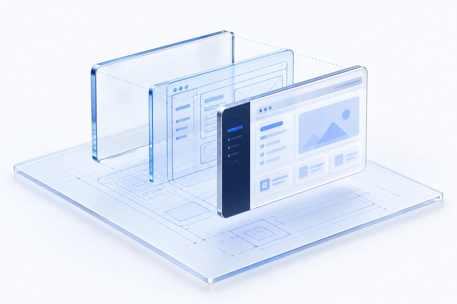 An architectural blueprint and precisely aligned interface layers reveal the care behind a finished software solution.